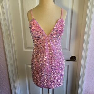 Lulus Pink‎ Sequin Mini Party Dress Size Medium Thin Straps Lined Back Zip